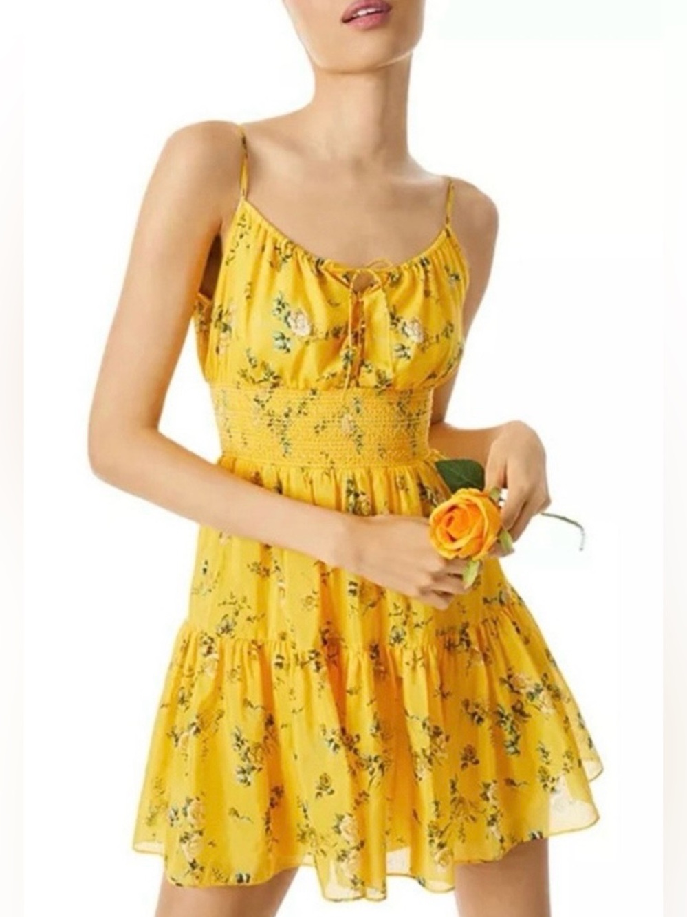 ALICE + OLIVIA Lai Yellow Smocked Waist Floral Cotton/Silk Dress Sz 12 MSRP $395